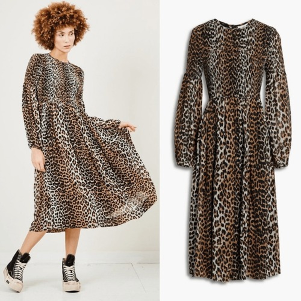 Ganni Leopard Animal Print Brown Georgette Smocked Long Sleeve Midi Dress Size 4
